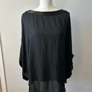 Tory Burch 100% Silk Black Shawl Luxury Blouse Beaded Lightweight Size 10